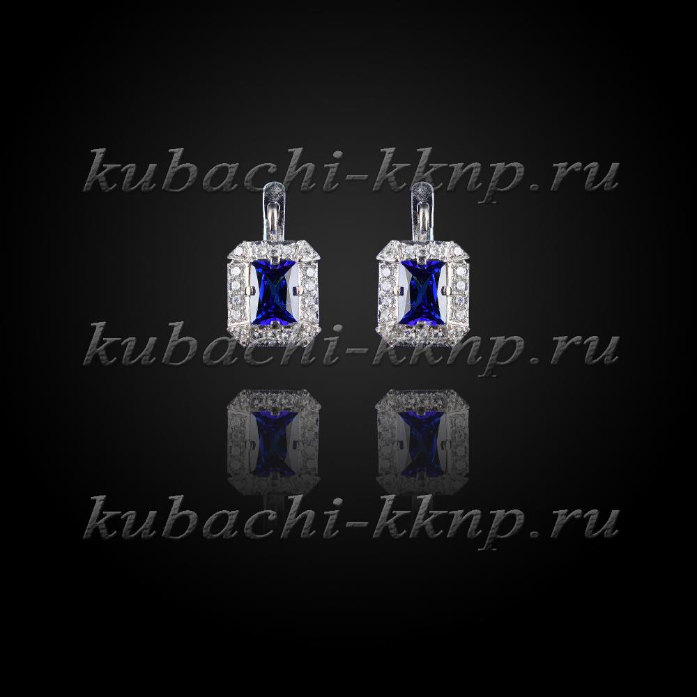 Серебряные серьги кубачи с фианитами под сапфир, с810 фото 1