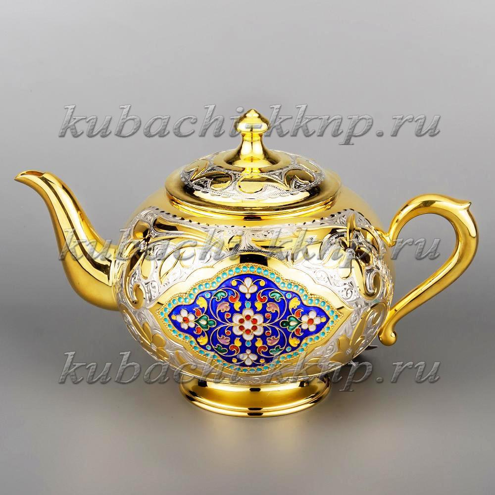 Заварочный серебряный чайник с позолотой и эмалью, ЧН055 фото 1