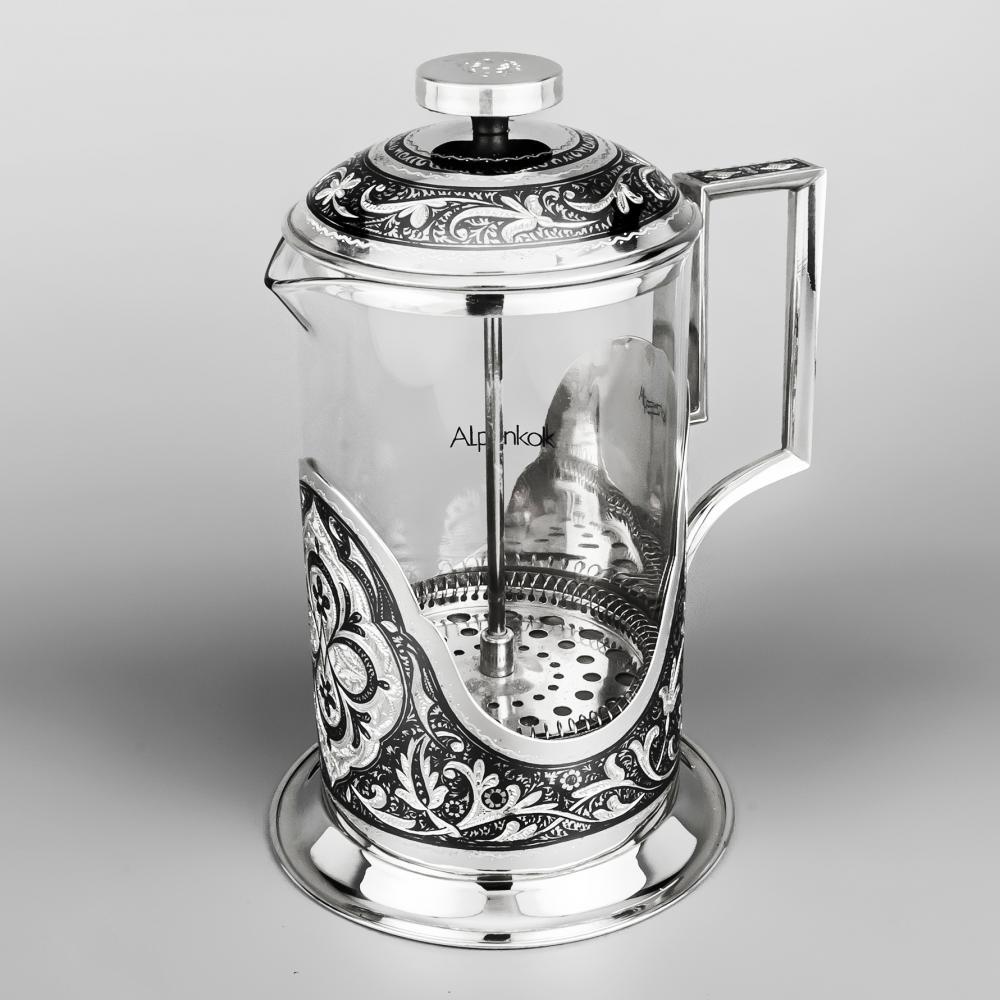Чайник серебряный со стеклом френч пресс