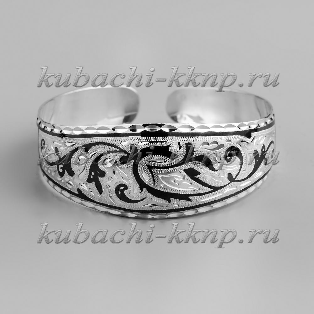 Разноширокий жесткий серебряный браслет Кубачи, БР117 фото 1