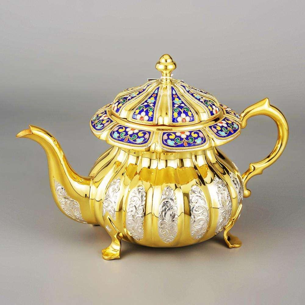 Серебряный чайник с позолотой  эмалью «Финифть»