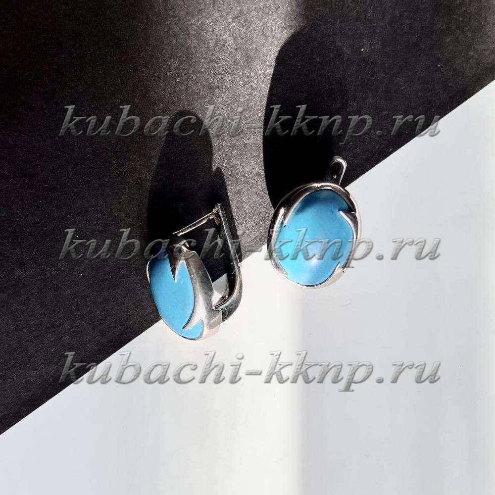 Круглые серебряные серьги с имитацией бирюзы, Ag-с-3 фото 1