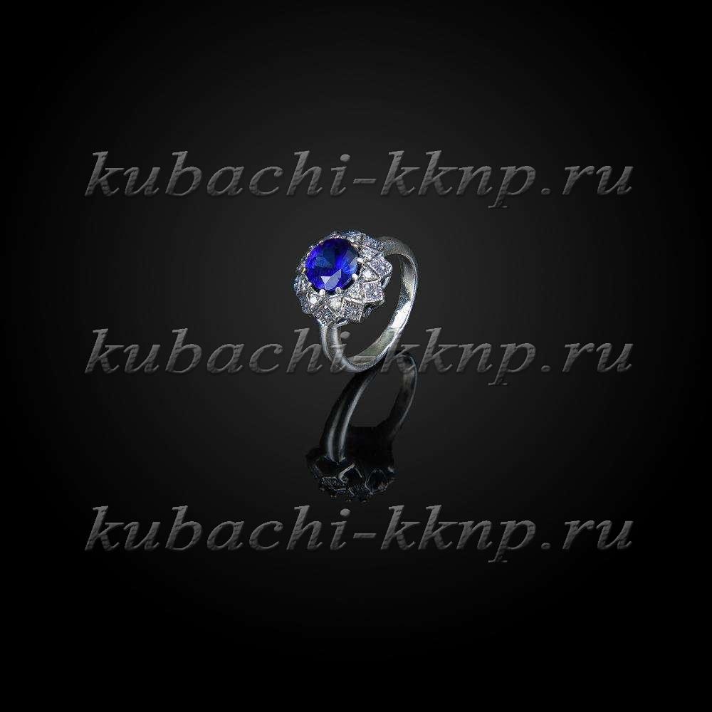 Серебряное кольцо Кубачи с фианитами под сапфир