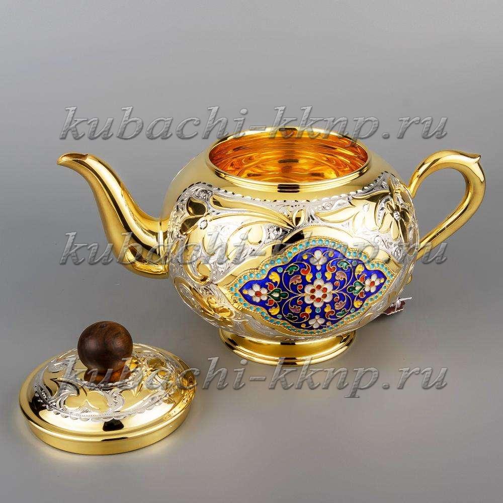 Серебряный чайник с позолотой и эмалью «Финифть»