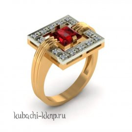 Кольцо из золота с фианитами и одним исск. гранатом - 00081r