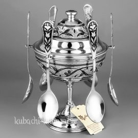 Серебряная икорница - вареница с шестью ложками - ик011