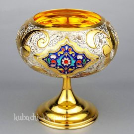 Серебряная конфетница с позолотой и эмалью «Финифть» - кф132