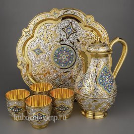 Серебряный набор для воды  с позолотой и эмалью - ндв026