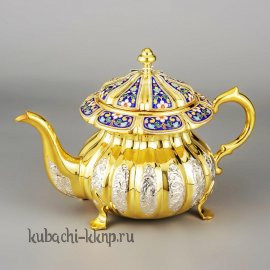 Серебряный чайник с позолотой  эмалью «Финифть» - чн039