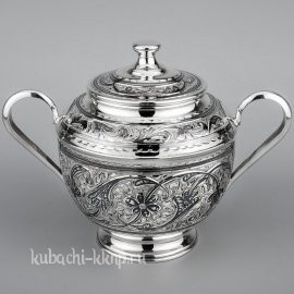 Серебряная сахарница с ручками и кубачинским орнаментом - СХ094