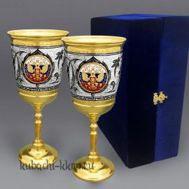 Набор серебряных фужеров с позолотой и гербом России - бк064-2