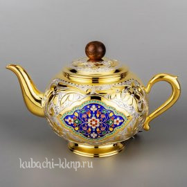 Серебряный чайник с позолотой и эмалью «Финифть» - чн029
