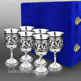 Набор из шести серебряных бокалов на ножке с орнаментом Кубачи - бк062-6