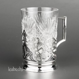 Серебряный подстаканник с орнаментом и прямоугольной ручкой, 230 мл - пд020