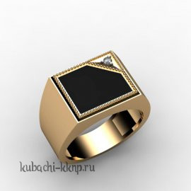 Мужское строгое золотое кольцо с агатом и фианитом - 00045r
