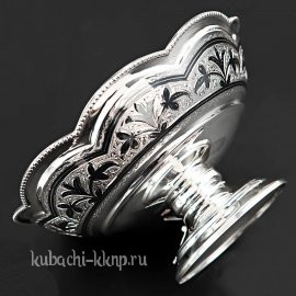 Серебряная конфетница на низкой ножке с кубачинским рисунком - кф00024