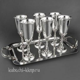 Набор бокалов  из серебра 925 пробы на свадьбу на подносе - вн03