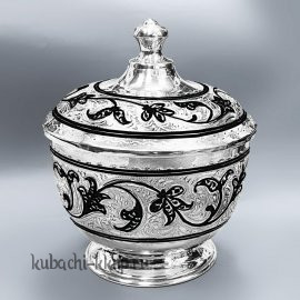 Серебряная сахарница  с крышкой и кубачинским орнаментом - СХ00064