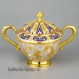 Серебряная сахарница с позолотой и эмалью - СХ097