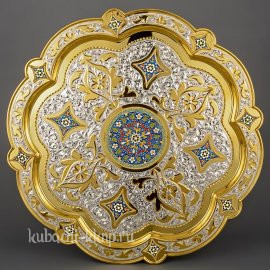 Поднос серебряный с вставками эмали и позолотой - пдн025