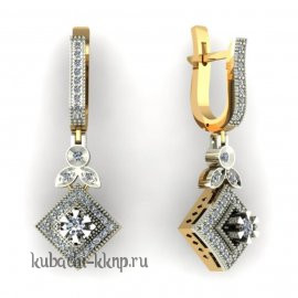 Висячие строгие золотые серьги с фианитами - 00048-4e