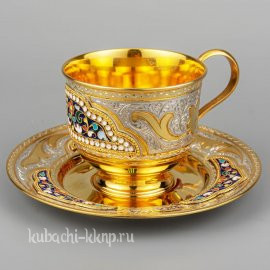 Чашка и блюдце из серебра с эмалью «Финифть» - 423257