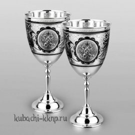 Набор из двух больших серебряных фужеров для вина с гербом России - ф037-2