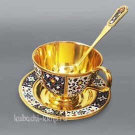 Авторская чайная пара из серебра с ложкой - ЧП028