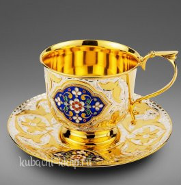 Чайная пара из серебра с позолотой и эмалью - ЧП024
