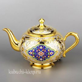 Заварочный серебряный чайник с позолотой и эмалью - ЧН055