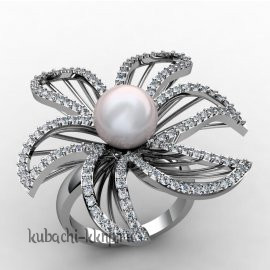 Кольцо из золота с фианитами и искусственным жемчугом - 00014r