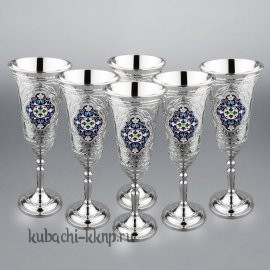 Набор из шести серебряных фужеров с эмалью - ф127-6