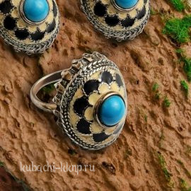 Серебряное кольцо в этническом стиле с искусственной бирюзой и эмалью - Ag-к92