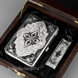 Строгий серебряный портсигар с зажигалкой  - пдс028з