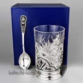 Серебряный классический подстаканник с ложкой, 230 мл - пд0010л