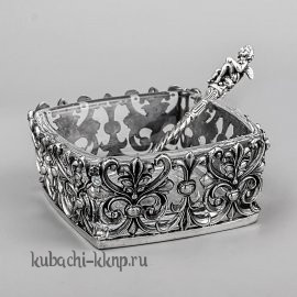 Серебряная солонка/перечница с стеклянной вставкой и ложкой ангелочек - с041