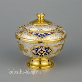 Серебряная сахарница без ручек с позолотой и эмалью «Финифть» - сх09