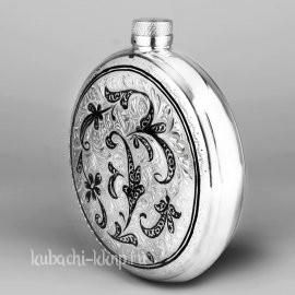 Серебряная круглая фляга с черненнием, 253 мл - фл038