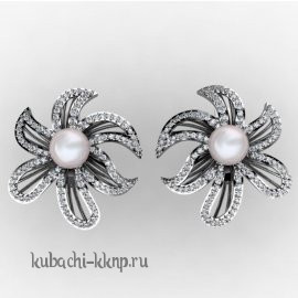 Золотые серьги с жемчугом и фианитами - 00014e