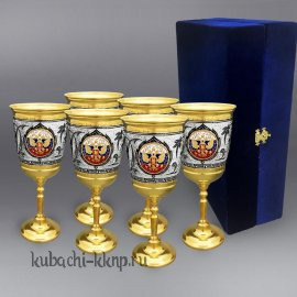 Набор из шести серебряных фужеров с позолотой и гербом России - бк064-6
