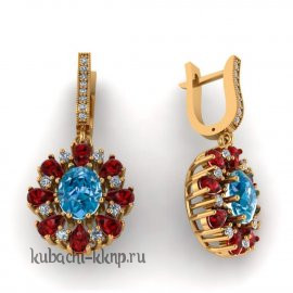 Висячие золотые серьги с цветными фианитами - 00106e