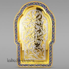 Серебряный поднос с позолотой эмалью  «Финифть» - Пдн041