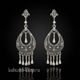 Серебряные висячие серьги с филигранью 