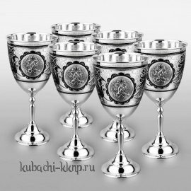 Набор больших серебряных фужеров для вина с гербом России - ф037-6