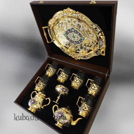 Чайный сервиз с позолотой и эмалью на 6 персон - чср017