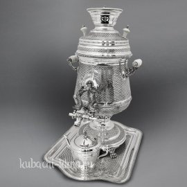 Серебряный самовар с подносом и чайником - см030