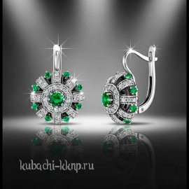Серебряные серьги 925 Кубачи с зелеными фианитами - с391