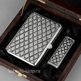 Серебряный портсигар с гравировкой и зажигалкой  - пдс034з