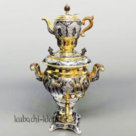 Самовар и чайник (набор) серебряные с позолотой - см025