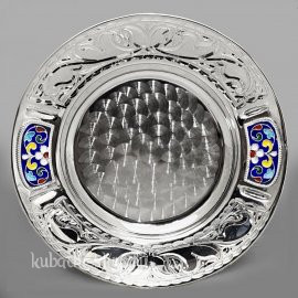 Блюдце серебряное с гравировкой и эмалью - БЛ025